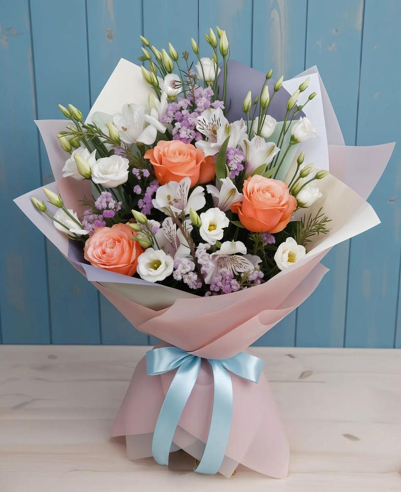 Букет цветов из: Лизиантусы, Розы, Альстромерии и Гипсофила в Чемодановке