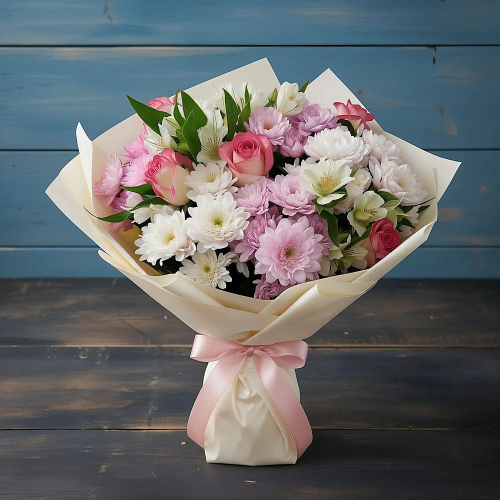 Букет цветов из: Хризантемы, Альстромерии и Розы в Чемодановке